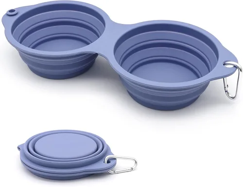 Vista 7 de SLSON Cuencos plegables para perros, cuenco doble integrado para perro, sin borde de plástico, 2 en 1, plegable para comida y agua para mascotas