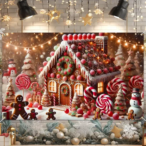 Vista 13 de BlissYard Telón de fondo de tren de Papá Noel, 71 x 43 pulgadas, pancarta de escena de Navidad de pan de jengibre, fondo de fotos para fiestas