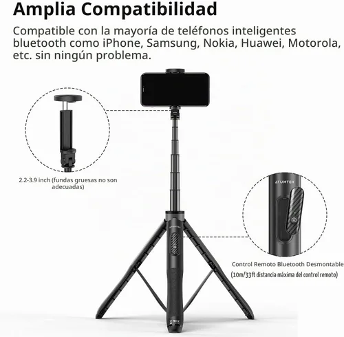 Vista 6 de ATUMTEK Trípode para selfie stick de 51 pulgadas, soporte extensible todo en uno con control remoto Bluetooth, rotación de 360° para iPhone y Negro