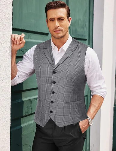 Vista 3 de COOFANDY Chaleco de traje de negocios para hombre, ajustado, para boda, fiesta, cena