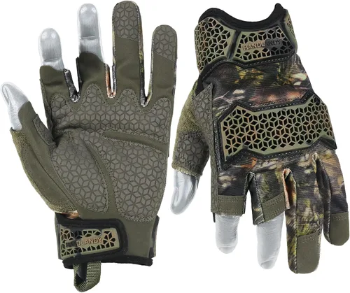 Vista 12 de HANDLANDY Guantes tácticos de impacto sin dedos para hombre, guantes de trabajo con agarre acolchado de medio dedo, guantes de conductor de Verde