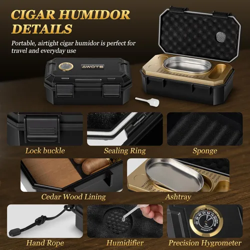Vista 4 de Set de humidificador de puros de viaje con encendedor de antorcha, cenicero, soporte, humidificador y higrómetro, estuche de viaje portátil