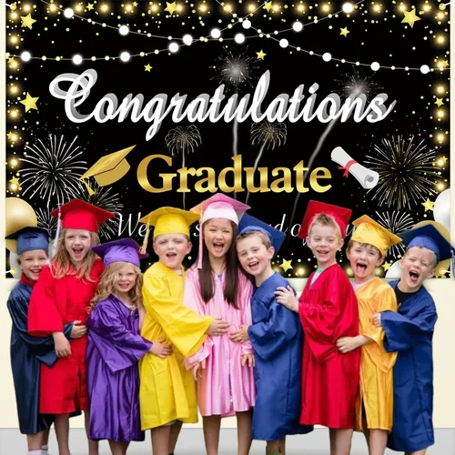 Vista 6 de Congrats Grad Banner 2024 – Telón de fondo negro dorado para decoraciones de graduación de clase 2024 y fondo de fotografía