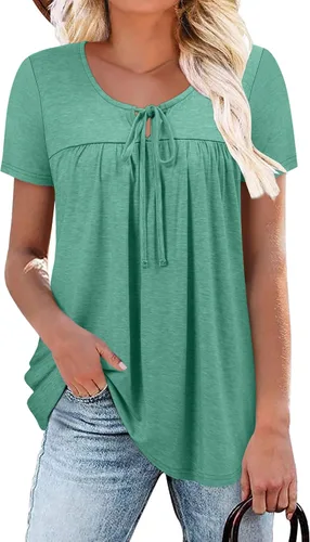 Vista 25 de BETTE BOUTIK Blusas de verano para mujer, plisadas, de manga corta, con cordón, cuello redondo, tallas S-3XL