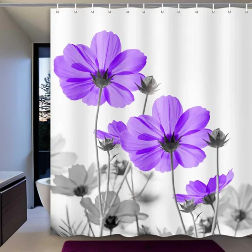 Vista 39 de MERCHR Cortina única floral azul para decoración de baño, cortina de ducha estilo granja con flores de margarita azul y gris elegantes y diseño