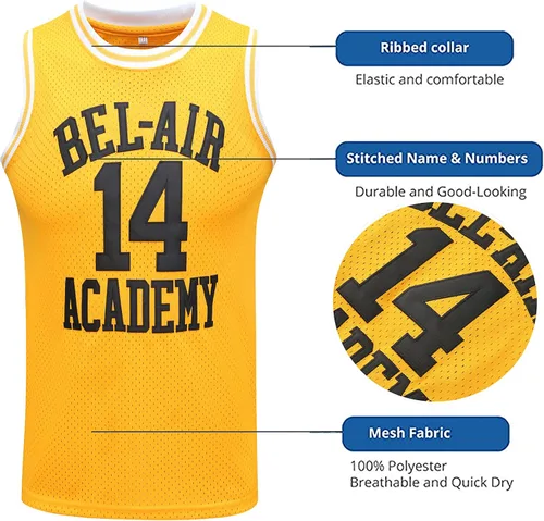 Vista 3 de Youth #14The Fresh Prince of Bel Air Academy, para niños, camiseta de baloncesto para hombres, cómodas camisas deportivas bordadas