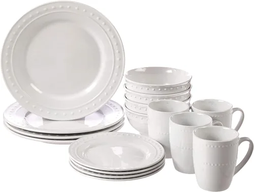 Vista 5 de Elle Décor Maeve - Juego de vajilla redonda de porcelana de 16 piezas con 4 platos llanos, 4 platos de ensalada, 4 cuencos y 4 tazas, idea de regalo