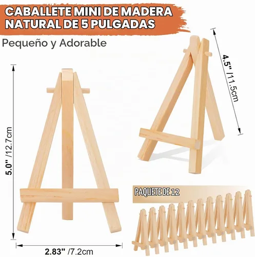 Vista 2 de Paquete de 12 mini caballetes de exhibición de madera de 5 pulgadas, soporte de trípode de madera natural para mostrar lienzos pequeños, tarjetas