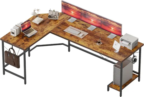Vista 23 de Mericonia Escritorio para Computadora en Forma de L con Tomas de Corriente, Escritorio de Juegos Reversible con Estantes de Almacenamiento y Soporte