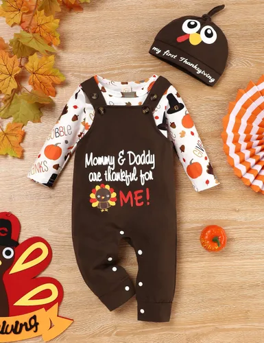 Vista 2 de My First Thanksgiving Outfit - Conjunto de ropa para bebé recién nacido, diseño de pavo + pantalones con tirantes + sombrero para Acción de Gracias