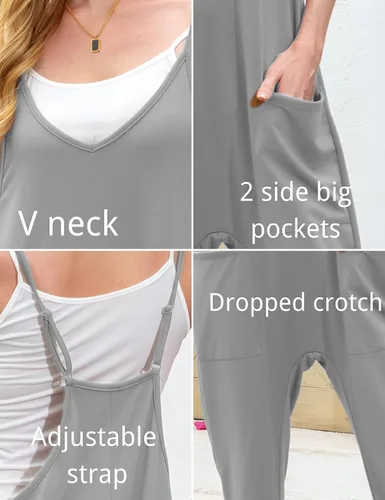 Vista 4 de Xunger Overol holgado casual con correa ajustable para mujer, ajuste holgado, color sólido, pantalón largo, con bolsillos