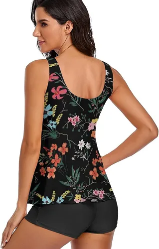 Vista 3 de Omichic Modest Tankini Swimsuits for Women Two Piece Bathing Suits Floral Print Tank Top with Boyshorts