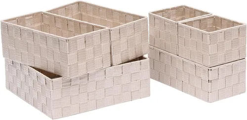 Vista 10 de Juego de 4 cestas de almacenamiento tejidas de polipropileno con marco de metal, cajas de tela apilables para cajones, armario, estante, guardería