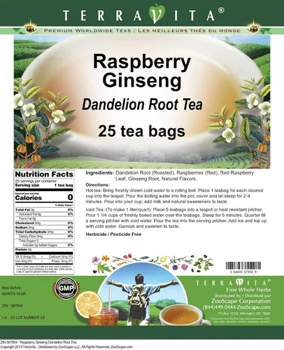 Vista 2 de Té de raíz de diente de león y ginseng de frambuesa (25 bolsitas de té, ZIN 567854) - Paquete de 2