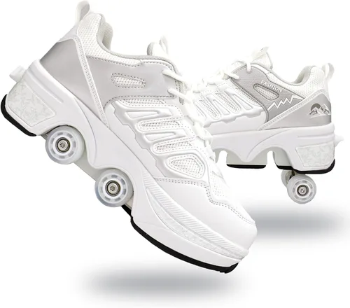 Vista 12 de Zapatillas de Patines de Ruedas para Niñas, Niños, Mujeres, Hombres, Zapatos de Patinaje de Doble Fila, Zapatillas con Ruedas Retráctiles, Patines