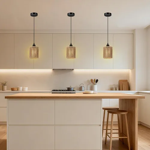 Vista 6 de BoostArea Luces Colgantes de Ratán para Isla de Cocina, Candelabro de Estilo Rústico con Pantalla de Mimbre Tejida a Mano, Luz Colgante Bohemia