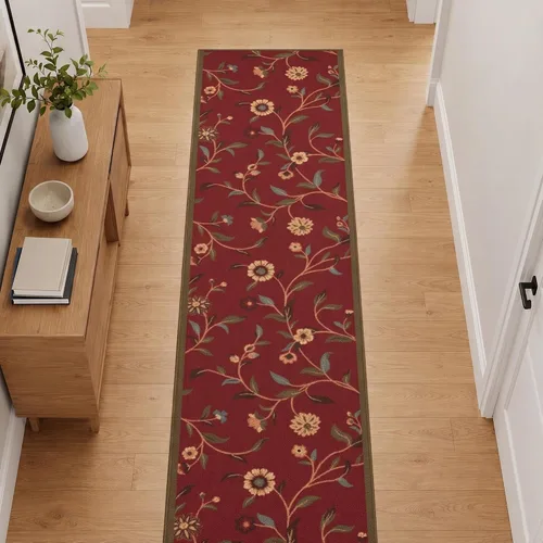 Vista 15 de Ottomanson, colección OttoHome, tapete para corredor con diseño azul claro y damasco (antiderrapante), parte trasera de goma Floral Beige