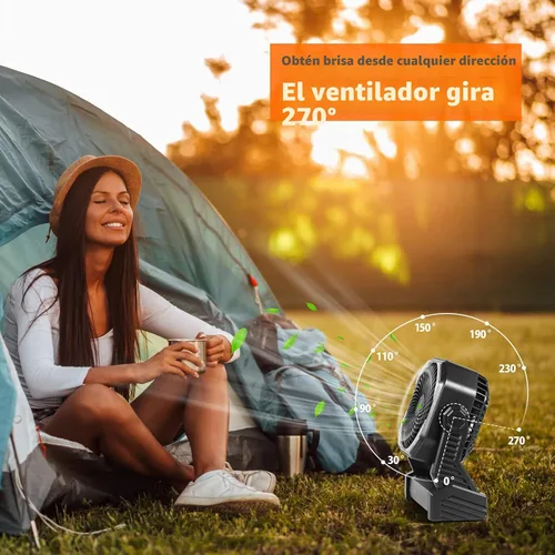 Vista 7 de Ventilador de camping de 20000 mAh, recargable, funciona con batería con gancho giratorio de 360°, luz de 400 lúmenes, pivote de 270°, 4