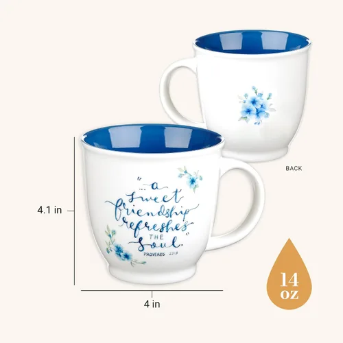 Vista 2 de Taza de cerámica de arte cristiano azul floral – 14 oz. Taza de café y té inspiradora con escrituras bíblicas apta para microondas y lavavajillas