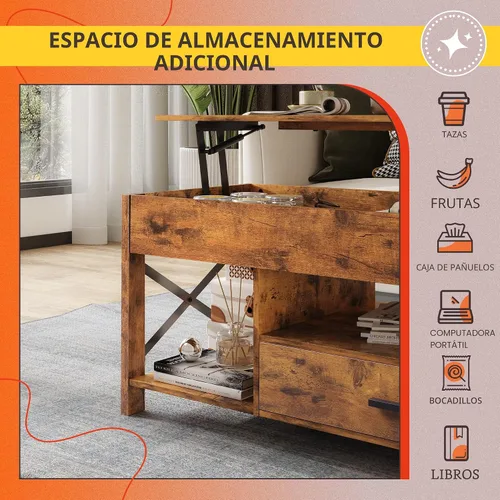 Vista 6 de WLIVE Mesa de Centro, Mesa de Centro Elevable de 39 pulgadas con Compartimento Oculto, Cajones de Almacenamiento y Estante de Almacenamiento