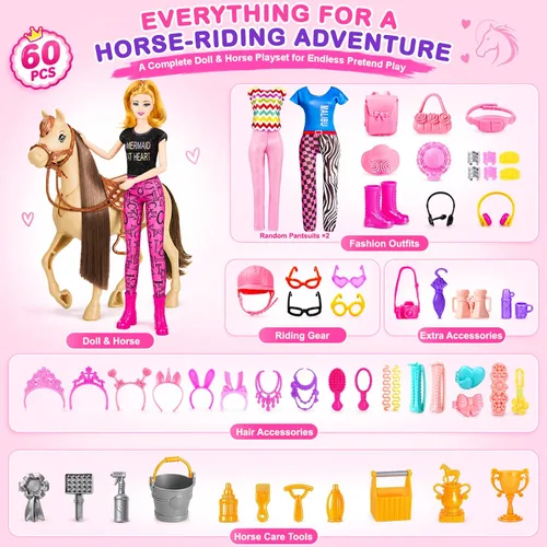 Vista 2 de 60 piezas de caballo de muñeca con muñeca, ropa y accesorios para regalos