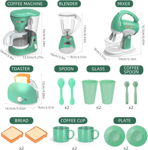 Vista 8 de Yalujumb Juego de juguetes de cocina, juego de electrodomésticos de cocina con cafetera, mezclador, tostadora con luces y sonidos realistas, regalo