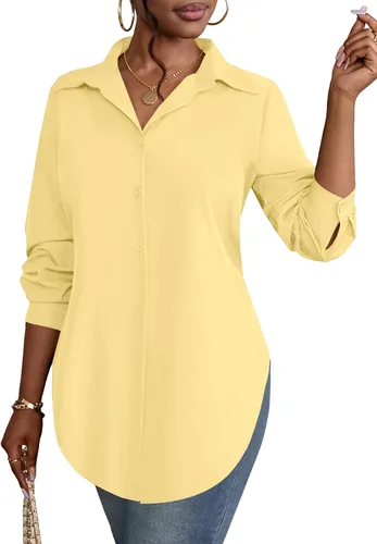 Vista 15 de Rooscier Blusa larga con cuello en V para mujer, manga larga, abertura lateral, con botones