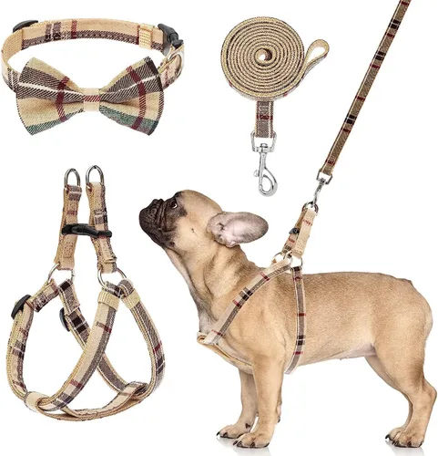 Vista 12 de Juego de arnés para perro con correa y collar de corbatín - Arnés para cachorro a cuadros beige, a prueba de escape, chaleco ajustable sin tirones