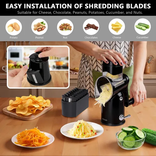 Vista 6 de Rallador de queso giratorio con asa, incluye 5 cuchillas de acero inoxidable y cuenta con una base de succión fuerte, fácil de limpiar, trituradora