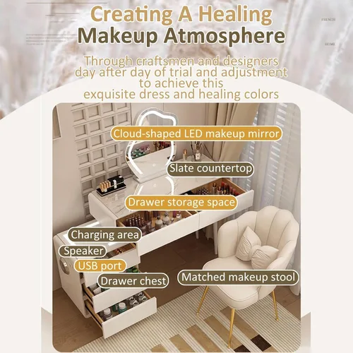 Vista 3 de Tocador con espejo con luces, mesa de tocador con cajones, mesa de maquillaje blanca, 3 modos de iluminación de brillo ajustable, para dormitorio