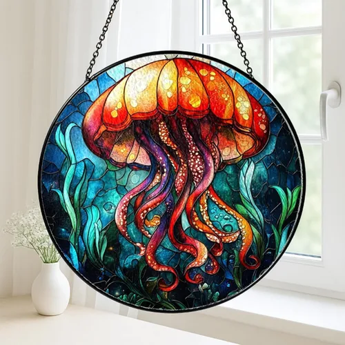 Vista 2 de Real Glass Jellyfish Christmas Ornament, Stained Glass Style Sea Life Art