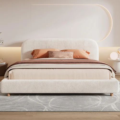 Vista 14 de Christopher Knight Home Hazel Queen Size Platform Bed, Velvet Fabric Headboard and Bed Frame, Upholstered Curve-Shaped Queen Headboard, Wooden Slats