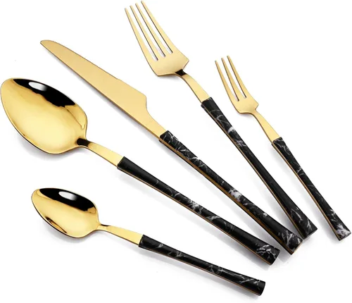 Vista 9 de JASHII Juego de cubiertos de acero inoxidable con textura de mármol, 24 piezas, tenedor de cuchillo, cuchara de té, cubiertos plateados para 6