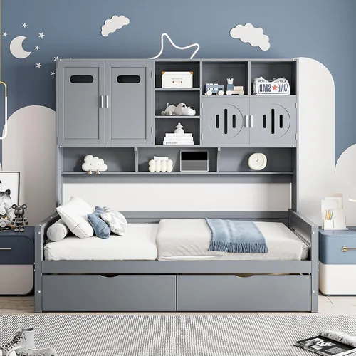 Vista 30 de VilroCaz Cama de sofá de tamaño individual de madera con estantes de almacenamiento y escritorio de estudio, estructura de cama de día Blanco
