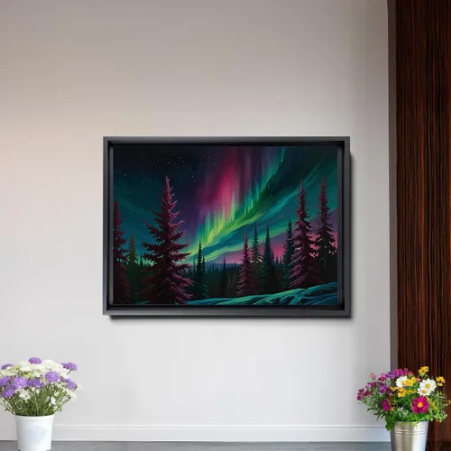 Vista 2 de Aurora Borealis, Northern Lights Art, framed canvas print, snow capped mountain landscape art, synthwave vaporwave, Decor Canvas, Print