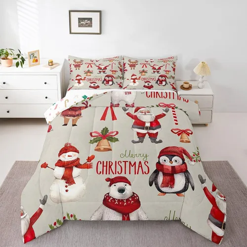 Vista 26 de Erosebridal Juego de edredón de Feliz Navidad, tamaño individual, divertido edredón de Papá Noel para niños y niñas, edredón de plumón de pingüino