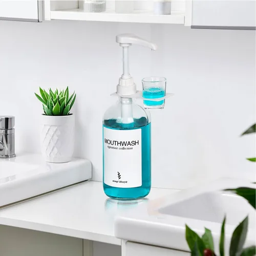 Vista 6 de Dispensador de enjuague bucal de vidrio con portavasos y bomba, dispensador de enjuague bucal rústico bohemio de 16 oz para decoración de baño
