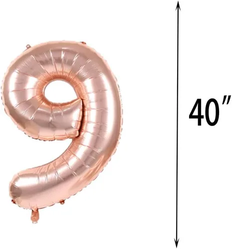Vista 2 de GLZLMM Globo de 9º cumpleaños, decoraciones de 9º cumpleaños, globos de oro rosa con el número 9, suministros para fiesta de cumpleaños número 9