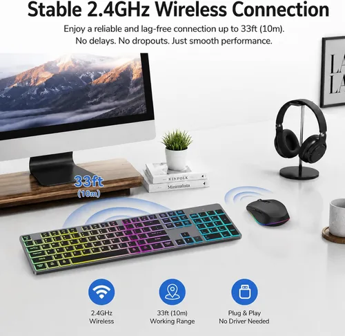 Vista 9 de Teclado inalámbrico silencioso y mouse retroiluminado, combo de teclado plano silencioso recargable, mouse Jiggle, mouse delgado inalámbrico de 2.4