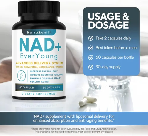 Vista 4 de Suplemento NAD+ con ribósido de nicotinamida (alternativa NMN), CoQ10 y resveratrol - 60 cápsulas para un apoyo saludable al envejecimiento, impulso