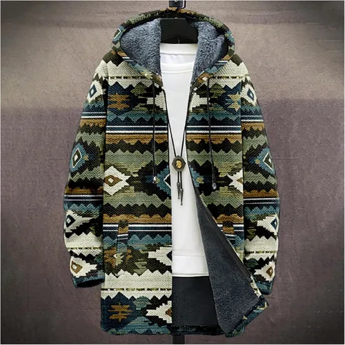 Vista 2 de Chaqueta de forro polar con capucha para hombre, con estampado azteca, de algodón pesado, con cremallera, manga larga, chaqueta con capucha
