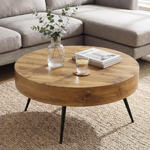 Vista 2 de LKTART Mesa de centro para sala de estar, mesas de centro redondas de madera con almacenamiento, mesa de té moderna de centro de metal para Marrón