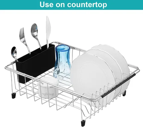 Vista 3 de iPEGTOP - Escurridor de platos expandible multifuncional, sobre el fregadero, en el fregadero o en la encimera, con cesta de escurrido y estante