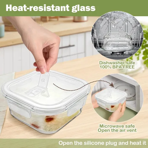 Vista 5 de Contenedor/Caja para sándwiches para el almuerzo, 24 oz de vidrio borosilicato apto para congelador, contenedores de vidrio cuadrados de 3 tazas