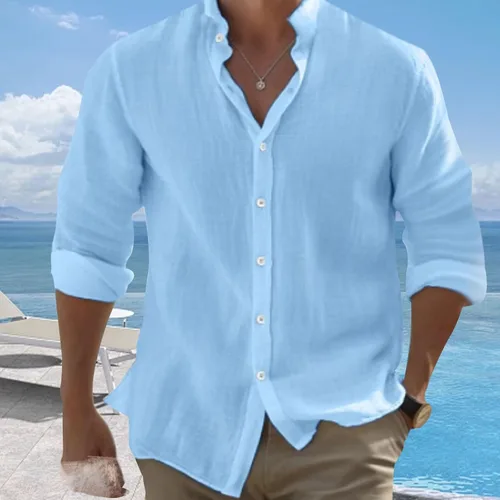 Vista 2 de Camisas de algodón para hombre, de manga larga, con botones, con cuello liso, camisetas casuales para la playa