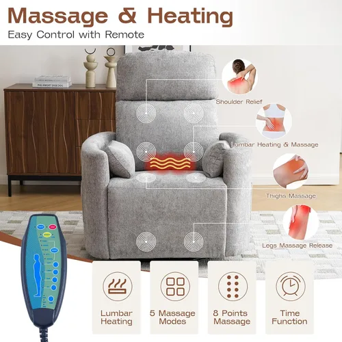 Vista 3 de Sillón reclinable eléctrico de gran tamaño con masaje y calor, mecedora con reposacabezas ajustable, sillón reclinable giratorio con 2 almohadas