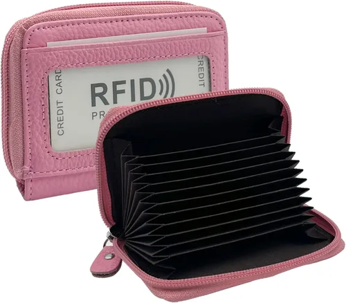 Vista 12 de Billetera de cuero genuino con bloqueo RFID, con soporte para tarjeta de crédito, segura para viajes, Negro, Pequeña, Cartera con cremallera