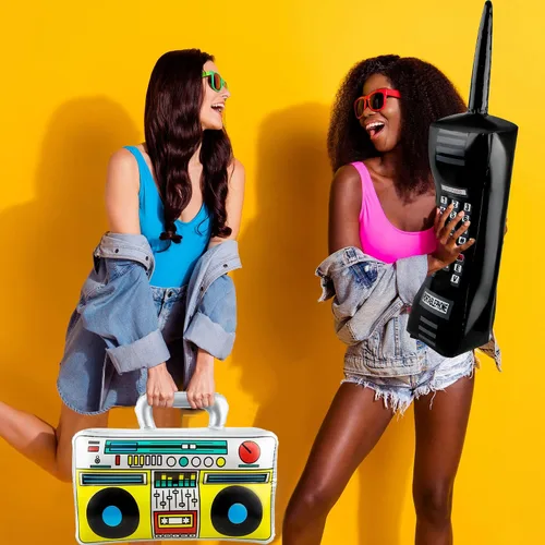 Vista 4 de Paquete de 26 micrófonos inflables de radio Boombox para teléfono móvil y globos de cadena de lámina dorada para adultos de los años 80 y 90