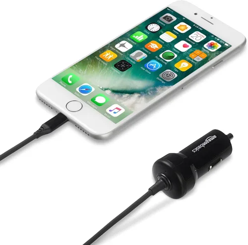 Vista 3 de Amazon Basics Cargador de coche de carga rápida de 12 W (5 V, 2.4 A) con cable Lightning en espiral para iPhone, iPad y dispositivos Apple, 1.5