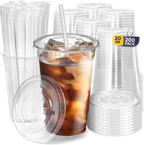Vista 17 de Fit Meal Prep Paquete de 100 Vasos de Plástico para Café Helado de 16 oz con Tapas Planas y Pajitas Transparentes, Vaso Transparente Desechable